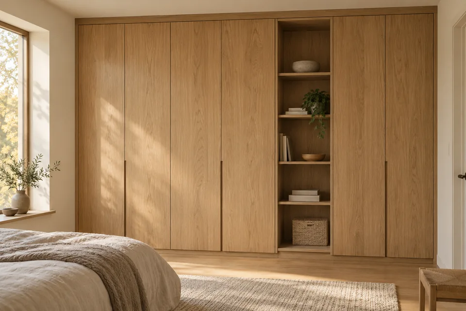 Fiktiver raumhoher Einbauschrank aus Eiche mit offenem Regalfach